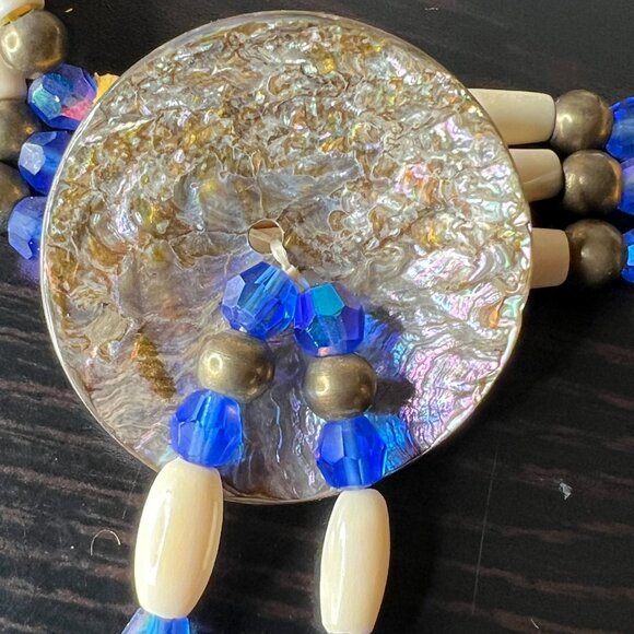 Vintage‎ Bone Hairpipe Bead Choker Necklace Blue Glass Brass Shell Disk Pendant - Picture 3 of 9